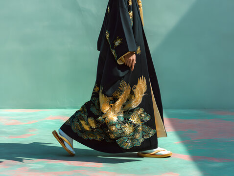 Person in flowing dark kimono with gold floral pattern walks on textured ground