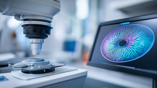 Close-up of a corneal topography scan result displayed on a monitor in an ophthalmology clinic, advanced diagnostic technology concept, defocused background, with copy space