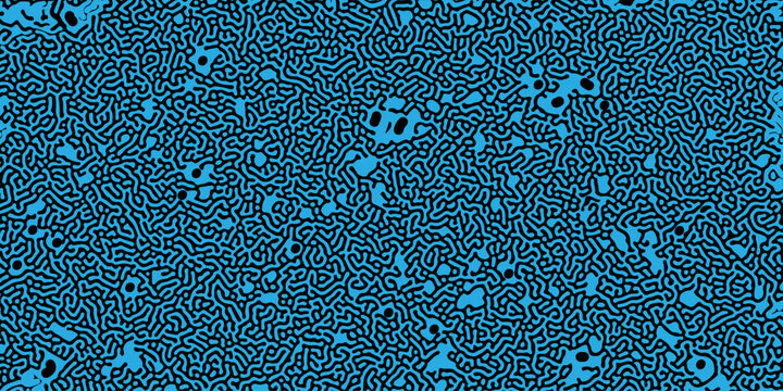 Turing reaction diffusion monochrome seamless pattern with chaotic motion. Overlay template abstract turing organic wallpaper. Natural maze labyrinth, reaction diffusion seamless vector pattern. 