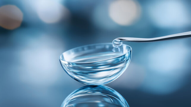 Intraocular lens for cataract eye ophthalmology, eye health and surgical treatment concept, defocused background, with copy space