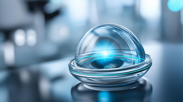 Intraocular lens for cataract eye ophthalmology, eye health and surgical treatment concept, defocused background, with copy space