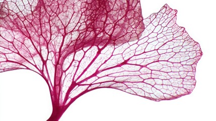 Fototapeta premium Extreme macro of translucent flower petal showing internal vein structure, delicate organic skeleton effect, isolated on white background, high