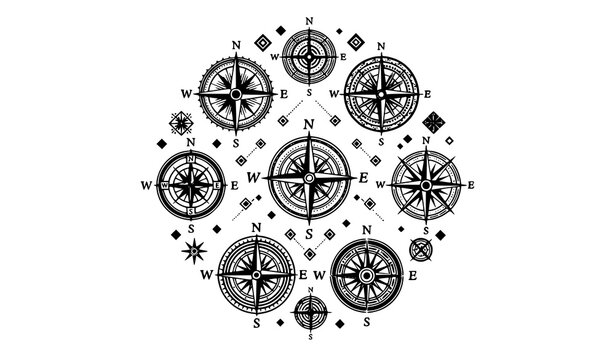 Compass wild rose icons in circular layout with decorative navigation symbols vintage vector collection