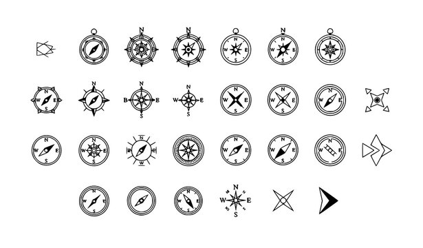 Compass icon set with navigation symbols and direction arrows in clean minimal vector style isolated on white