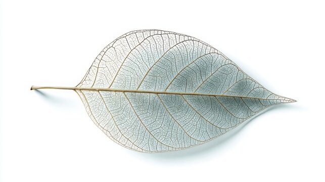 Hyper realistic glass like leaf with visible internal skeleton veins, translucent structure, isolated on white background, soft shadow, high detail