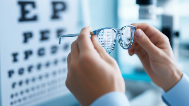Eye vision test with a sight chart and optometrist technology, vision assessment and optometry concept, defocused background, with copy space