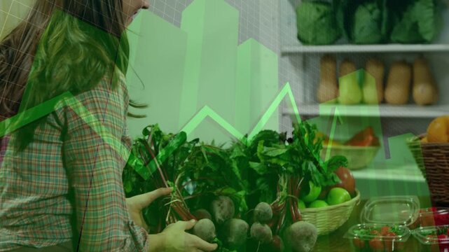 Woman placing hands on beets, starting green chart overlay and inspecting produce quality in market