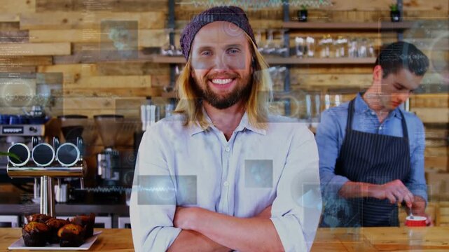 Cafe owner arms-crossed on bar as camera panning AR overlaying torso staff tamping promoting