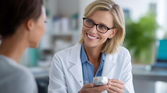 Female Caucasian ophthalmologist explaining eye diseases using an eye model to an Asian female patient, glaucoma cataract and diabetic retinopathy education concept, defocused