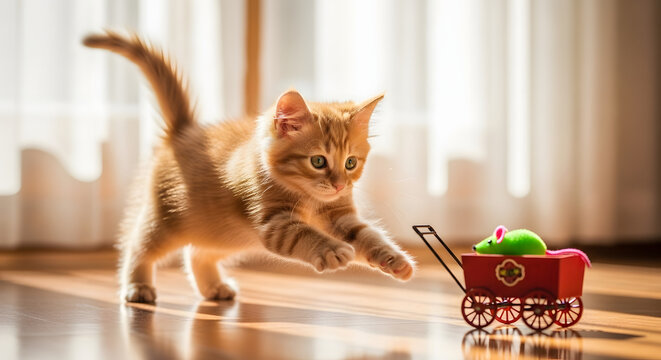 Kitten Playing with Toy Mouse in a Wagon