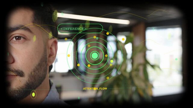 Vertical video: Reacting to HUD, collared man holding at office for attention inference, copy space
