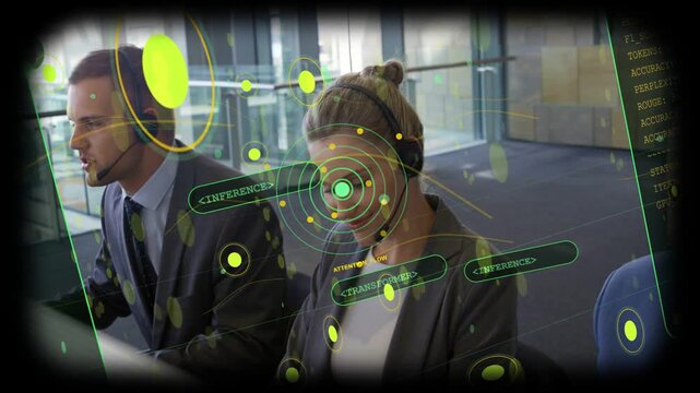 Two call agents speaking, HUD labeling INFERENCE with rings centering on right agent for analysis
