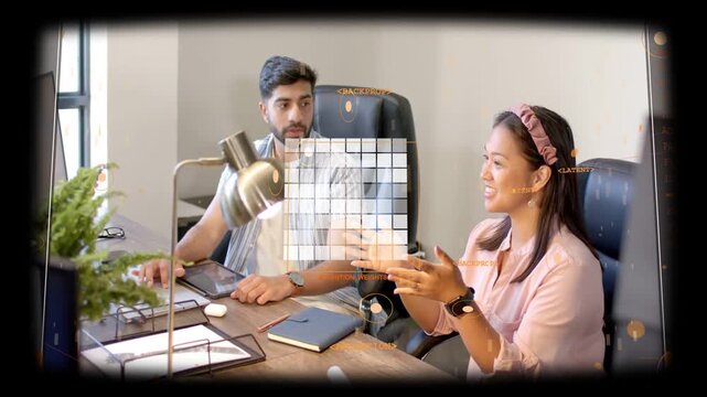 HUD appearing, woman speaking and gesturing while man listening, collaborating on brief