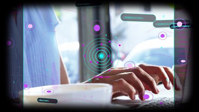 Female blue blouse typing and smiling at cafe window with laptop cup or saucer HUD overlay, copy spa