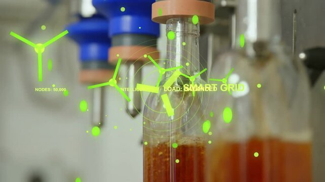 Green HUD overlays emerging from left rotating and centering over center bottle showing SMART GRID