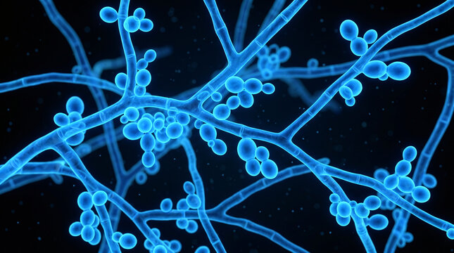 Candida albicans cells and hyphae under fluorescence microscopy