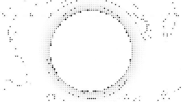 Black and white halftone circle made of animated dots with abstract data visualization style. Minimal 4K 60fps seamless loop background with clean graphic rhythm.
