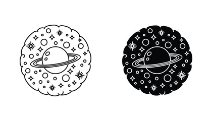 Planet with rings surrounded by stars and celestial bodies in a circular frame minimalist vector illustration © Creative