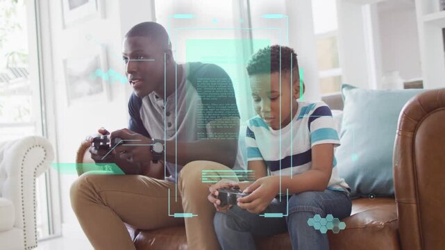 Dad and son sitting sofa pressing buttons, dad leaning reacting to gameplay HUD anchoring over them