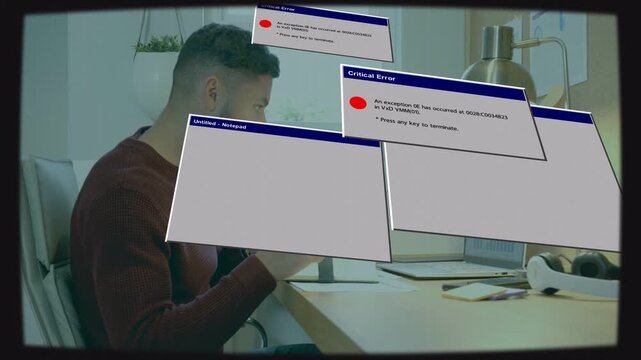 Man doing tech work at desk, retro error windows appearing then floating over laptop, persisting