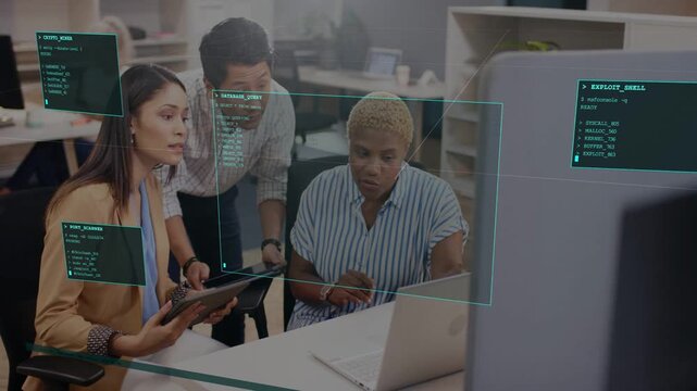 Three coworkers leaning at laptop, HUD panels appearing, analyzing security modules, planning fixes