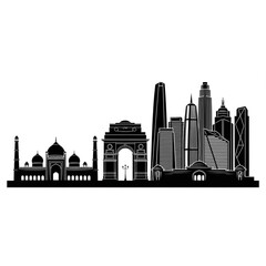 Obraz premium A black and white vector graphic illustration of a city skyline with a mix of modern and historical buildings