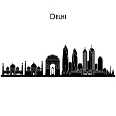 Obraz premium A black and white vector graphic illustration of the Delhi city skyline with famous landmarks