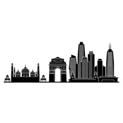 Obraz premium A black and white vector graphic illustration of a city skyline with famous landmarks and skyscrapers