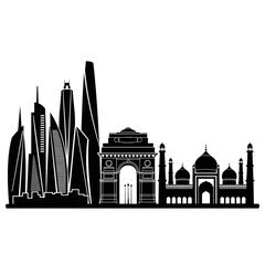 Obraz premium A black and white vector graphic illustration of a city skyline with modern skyscrapers and historical buildings