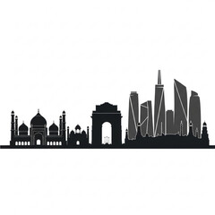 Obraz premium A black and white vector graphic illustration of the New Delhi and Mumbai city skylines combined, featuring famous landmarks like the Taj Mahal and modern skyscrapers.