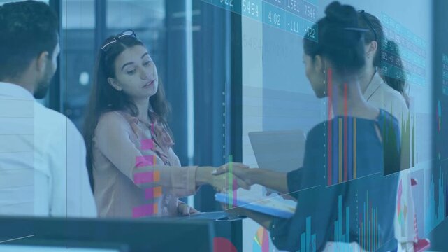 Desk rep pointing at papers, client handing signoff files, shaking hands, business charts hovering