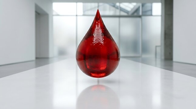 A striking, sculptural red blood drop takes center stage in a pristine gallery, symbolizing the vital importance of World Blood Donor Day and the selfless act of every donor