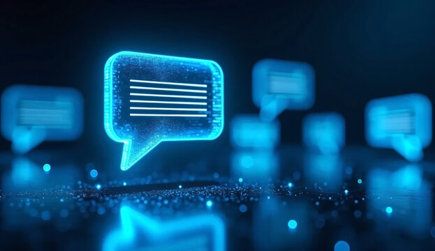 Glowing blue speech bubbles floating in dark surface space representing digital communication and social media concept
