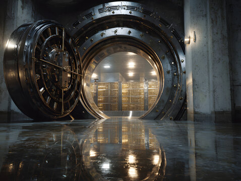 Open vault door reflecting interior lights and shelving
