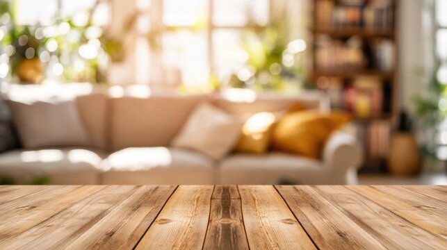 Empty light wooden table top with blurred cozy living room background