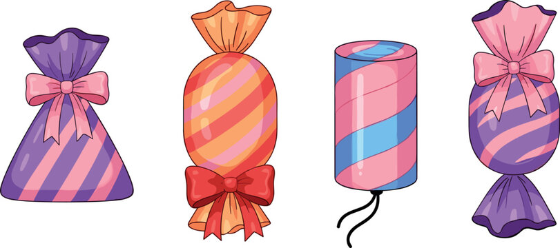 Wrapped candy assortment with colorful striped and ribbon tied sweets isolated on white background for dessert packaging kids design and confectionery concepts