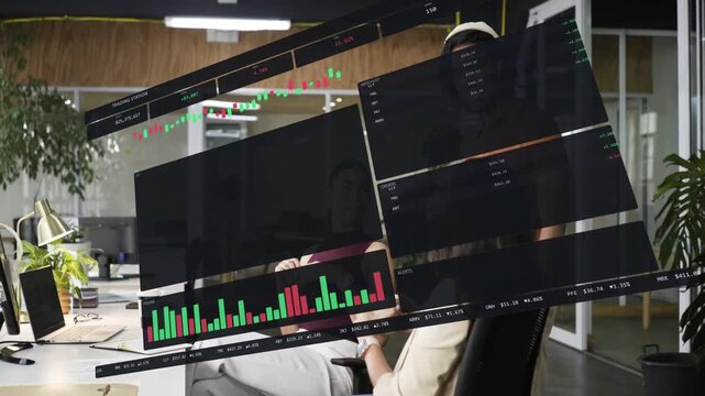 Standing man walking in from right and initiating market review while candlestick charts shifting
