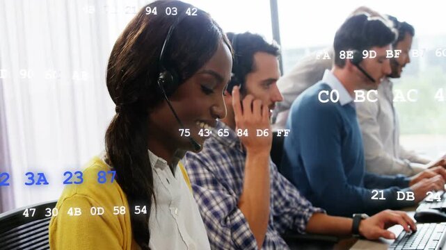 Call-center woman typing, fixing headset and smiling during calls, code overlay drifting over team