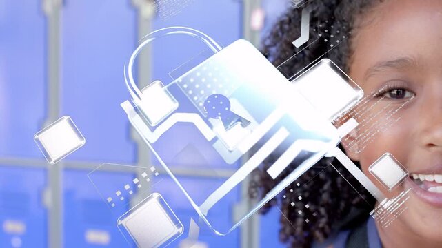 Girl smiling in school while hologram nodes appearing over face and animating lock for safety