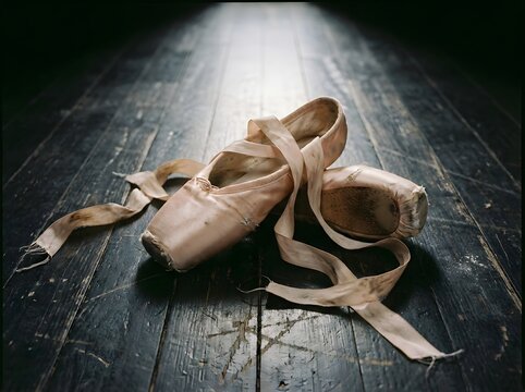 A pair of worn pink ballet shoes resting on a dark wooden floor