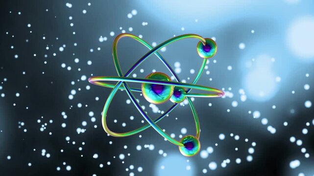 Light pulse starting 3D atom model rotating, rings crossing, electrons shifting to show orbit