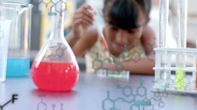 Kid reaching for pipette curiosity driving red drops into dish, molecular overlays aiding science