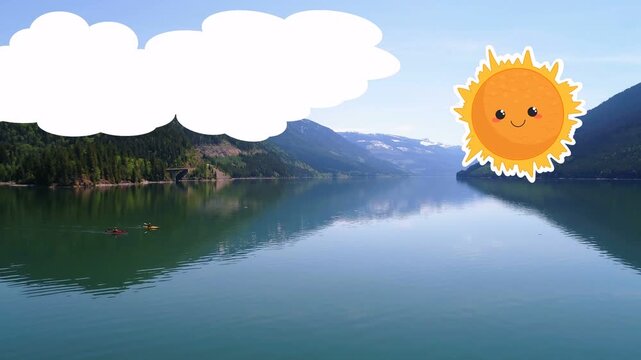 Animated clouds appearing left, sun entering, kayakers paddling beneath overlay, promoting travel