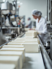 Fototapeta premium Fresh white tofu blocks travel along production conveyor belt as uniformed workers ensure strict quality control.