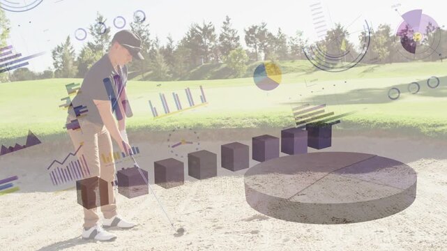 Male golfer gripping club, executing bunker shot while charts pulsing and bars rising for analysis