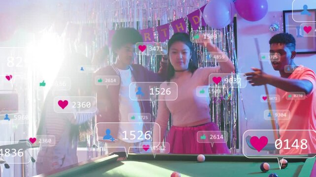 Group gathering at pool table, phone up initiating social marketing animations for birthday