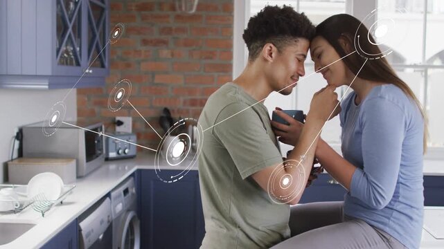 Couple leaning heads holding phone, mug, smart HUD nodes emerging left mapping appliances to couple