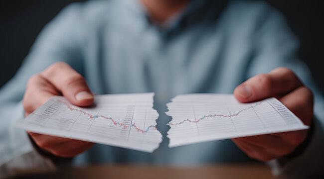 A man's hands rip a stock performance chart in half, demonstrating a poor financial result.