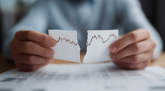 Close-up view of hands ripping candlestick chart paper powerfully representing financial stress and devastating market losses.