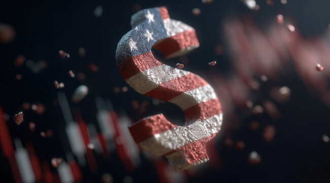 A large, fragmented American flag-patterned dollar sign floats above collapsing red market charts.